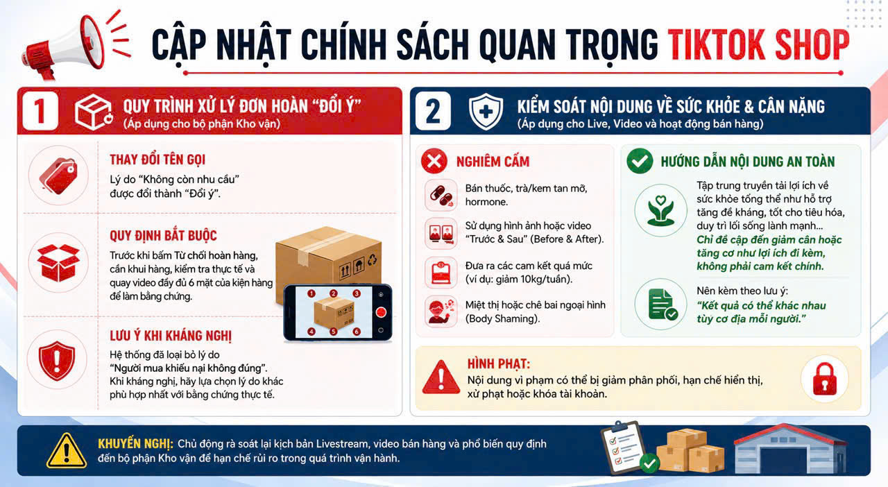 TikTok Shop cập nhật đơn hoàn 'Đổi ý' và nội dung sức khỏe: đội media cần làm gì?