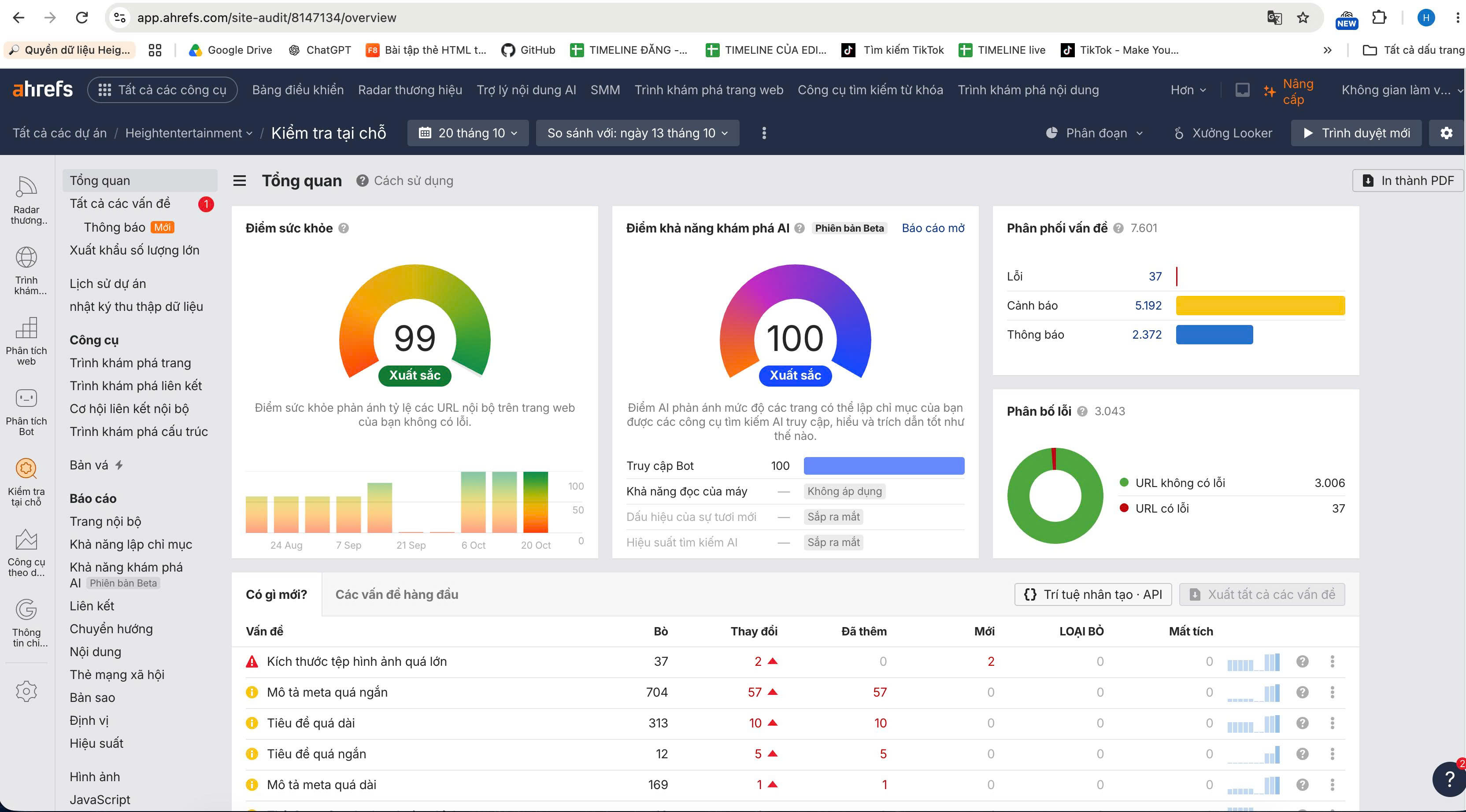 Ảnh chụp Ahrefs Site Audit dự án Heightentertainment ngày 20 tháng 10, hiển thị điểm sức khỏe 99 và điểm khả năng khám phá AI 100 phiên bản beta, cùng danh sách lỗi và cảnh báo.