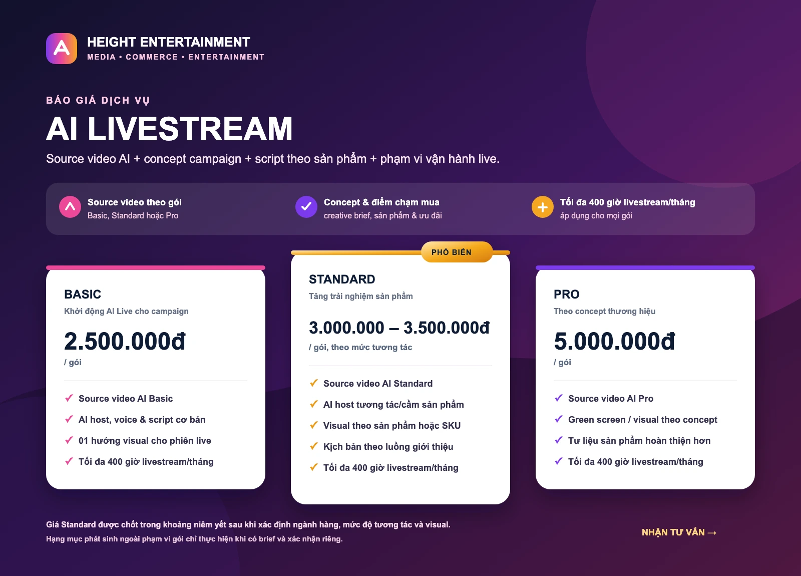 Báo giá AI Livestream của Height Entertainment: Basic 2.500.000đ, Standard 3.000.000 đến 3.500.000đ, Pro 5.000.000đ; mỗi gói tối đa 400 giờ livestream mỗi tháng